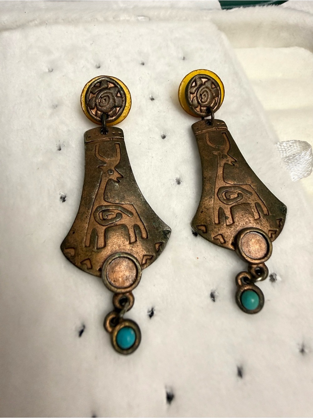 Vintage Edgar Berebi Signed Bronze Deer Turquoise Dangle Earrings